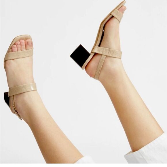 Everlane Italy Double Strap Sand Embossed Leather Sandal Block Heel  US 9,5 - Picture 2 of 15